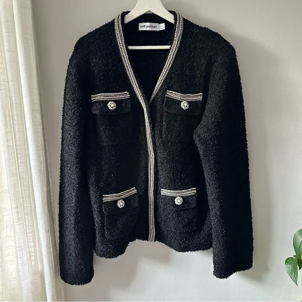 SELF-PORTRAIT Black Tape Knit Crystal-Embellished Bouclé Cardigan